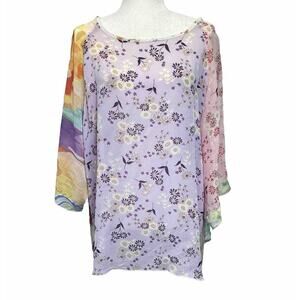 Vtg. Women’s Size 3XL Sheer Pastel Multi Floral Tunic Top Shirt Long Sleeve USA‎